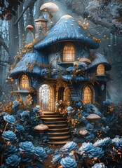 Obraz premium Enchanted Fairy Tale House with Mushrooms and Blue Roses
