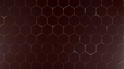 Obraz premium 4k Abstract luxury dark red gradient background with hexagons gold metallic stripes. Red background with gold. Geometric graphic motion animation. dark background. Simple elegant new