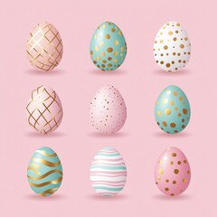 Fototapeta premium Luxury Easter eggs on pastel pink podiums, decorated with gold, white, and metallic textures, stylish holiday decoration, minimal design