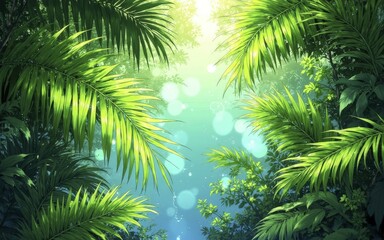 Fototapeta premium Digital Illustration of Lush Tropical Jungle with Palm Leaves and Dappled Sunlight
