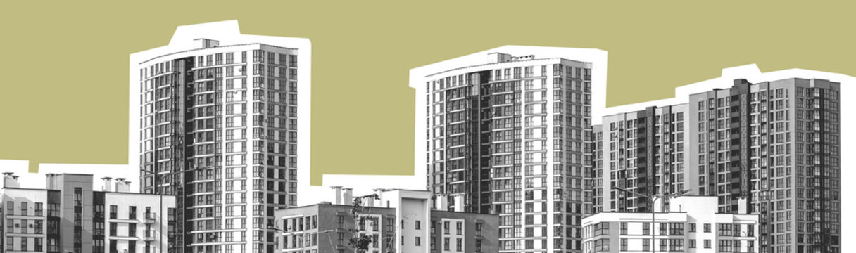 Modern multi-story condominium in the city with a concrete exterior. High-rise residential building offering living spaces and investment opportunities. New development in a metropolitan neighborhood,