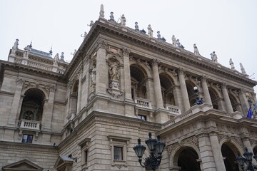 Side view of the ornate exterior facade of the landmark Budapest Opera House, Budapest, Hungary