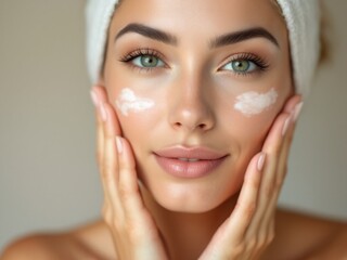A young woman with beautiful, flawless skin who has cream applied on her face, suggesting that she might be involved in skincare or testing cosmetic products.