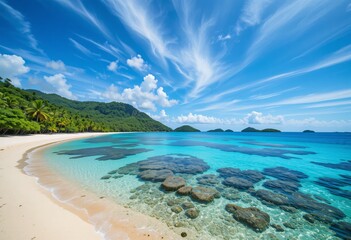 Obraz premium Tropical Beach Paradise. Azure Waters Meet Soft Sand Beaches. Green Mountains Rise. A Perfect Serene Vacation Getaway. Sunlight Dances Creating A Tranquil Tropical Dream.