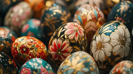 Hand-painted Easter eggs with intricate floral patterns in pastel colors, decorative spring holiday design