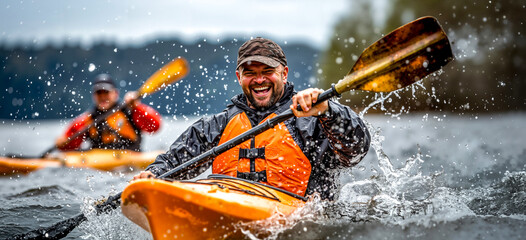 A man in an orange kayak paddling through a river in the rain