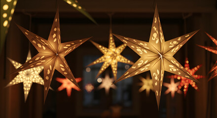 Glowing paper star lanterns hanging festive warm light decor red art home on transparent background