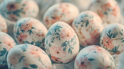 Hand-painted Easter eggs with intricate floral patterns in pastel colors, decorative spring holiday design