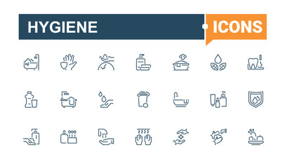 Hygiene icons set. It contains symbols to sanitary, infection, room, soap, virus and more. Pixel perfect. Editable stroke. Vector illustration.