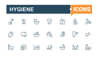 Hygiene icons set. It contains symbols to sanitary, infection, room, soap, virus and more. Pixel perfect. Editable stroke. Vector illustration.