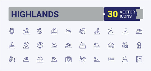 Highlands simple icon. Contains related to range, Mountains, hiker, camp, high, top, travel and more. Thin icon design. Editable vector icon and illustration.