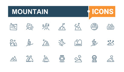 Set of Mountain line icons. It contains symbols to pine, top, tourism, high, nature, landscape and more. Thin icon. Editable vector illustration.