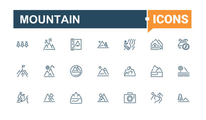 Set of Mountain line icons. It contains symbols to pine, top, tourism, high, nature, landscape and more. Thin icon. Editable vector illustration.