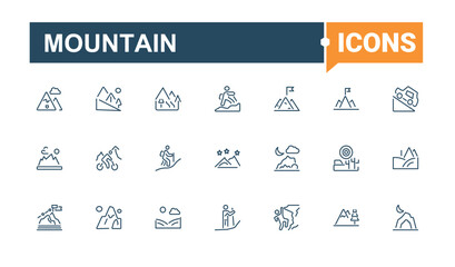 Set of Mountain line icons. It contains symbols to pine, top, tourism, high, nature, landscape and more. Thin icon. Editable vector illustration.