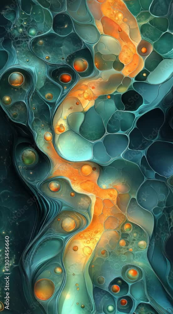 Poster dynamic abstract fluid art featuring vibrant blue, teal, and orange bubble-like patterns, creating a