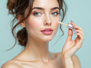 Fototapeta premium A young woman with beautiful, flawless skin holding a pipette, which suggests she may be involved in skincare or testing cosmetic products.