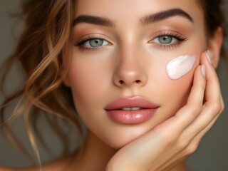 A young woman with beautiful, flawless skin who has cream applied on her face, suggesting that she might be involved in skincare or testing cosmetic products.
