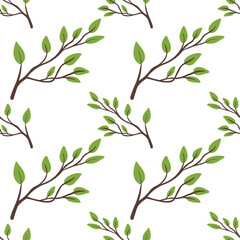 Seamless botanical vector pattern featuring hand-drawn tree branches with green leaves on a white background