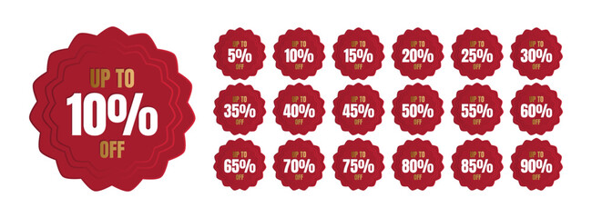 Set of red flower shaped discount tags with gradient. Words in gold. Up to 5, 10, 15, 20, 25, 30, 35, 40, 45, 50, 55, 60, 65, 70, 75, 80, 85, 90 percent off.