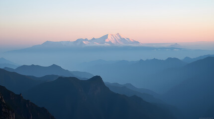 Breathtaking Sunrise Mountain Vista Snow-Capped Peaks Hazy Blue Layers Scenic Landscape Panorama View