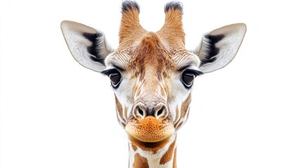 Fototapeta premium A Close-Up Portrait of a Giraffe's Face Against a White Background