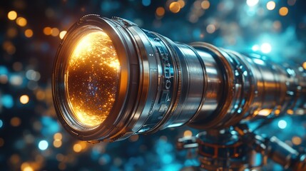 A detailed view of a camera lens mounted on a tripod, ideal for use in photography tutorials or equipment showcases