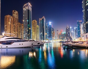 Obraz premium Generated image The Dubai Marina at night, with luxury yachts reflecting on the shimmering water and city