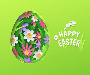 Cute holiday banner with paper cut-out layers of egg shape filled with colourful, realistic 3D flowers. Festive vector greeting card with a bunny and a "Happy Easter" greeting on a green background.
