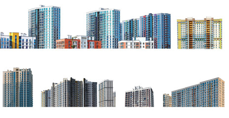 Multi-story highrise building facades set. Residential condo development. Downtown housing,...