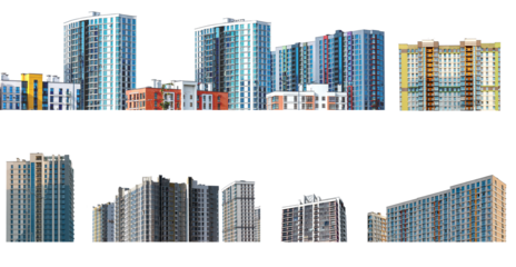 Multi-story highrise building facades set. Residential condo development. Downtown housing, contemporary design, and view of the neighborhood. Isolated on white background.