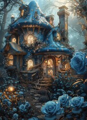 Fototapeta premium Enchanted Fairy Tale Cottage Surrounded by Blooming Blue Roses