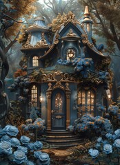 Enchanted Blue Cottage Surrounded by Lush Floral Garden Scenery