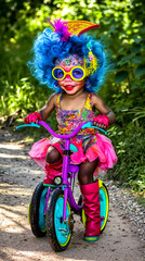 Fototapeta premium A little girl in a colorful costume riding a bike