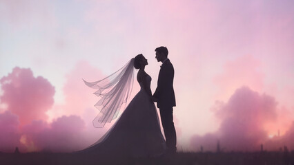 Silhouette of a wedding couple against the background of a fabulous pastel sunset