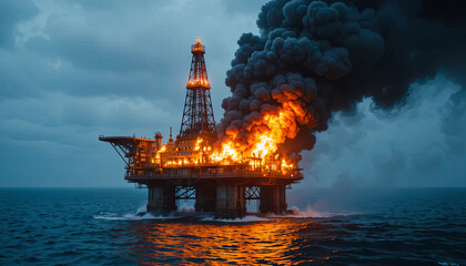 Obraz premium An offshore oil rig is engulfed in flames and thick black smoke amidst turbulent seas and dark storm clouds, prompting immediate emergency operations and fears of an environmental disaster