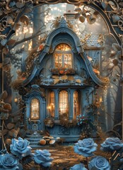 Obraz premium Enchanted Blue Cottage Surrounded by Flowers in Mystical Forest