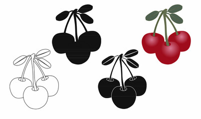 A set of cherry vector illustrations in outline, solid black, and colored versions. Perfect for logos, packaging, and botanical designs.