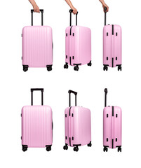 Suitcase collection featuring stylish luggage with wheels and handles in side and front views....