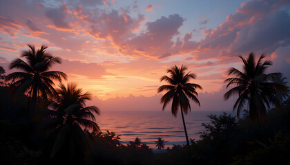 Fototapeta premium Stunning Tropical Sunset: Palm Trees & Ocean