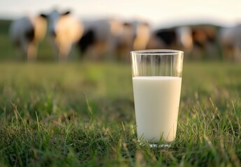 Fresh Glass of Milk in a Green Field Surrounded by Dairy Cows, Sunny Day, Natural Farm Setting, Healthy Lifestyle, Agriculture, Fresh Produce