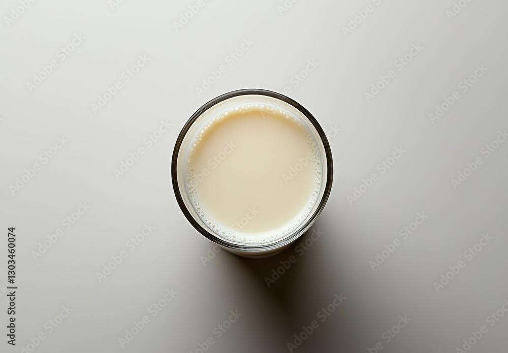 Poster fresh glass of milk on a plain background captured from above, emphasizing the smooth surface and su