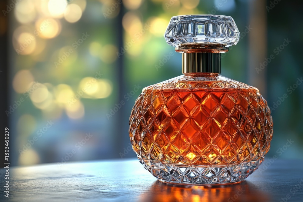 Poster a bottle of perfume sitting on a table with a simple background