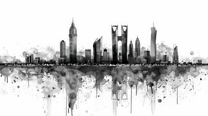 Naklejka premium This artwork depicts the intricate skyline of Riyadh, featuring notable buildings and structures that represent the city's modernity and rich history in a captivating style.