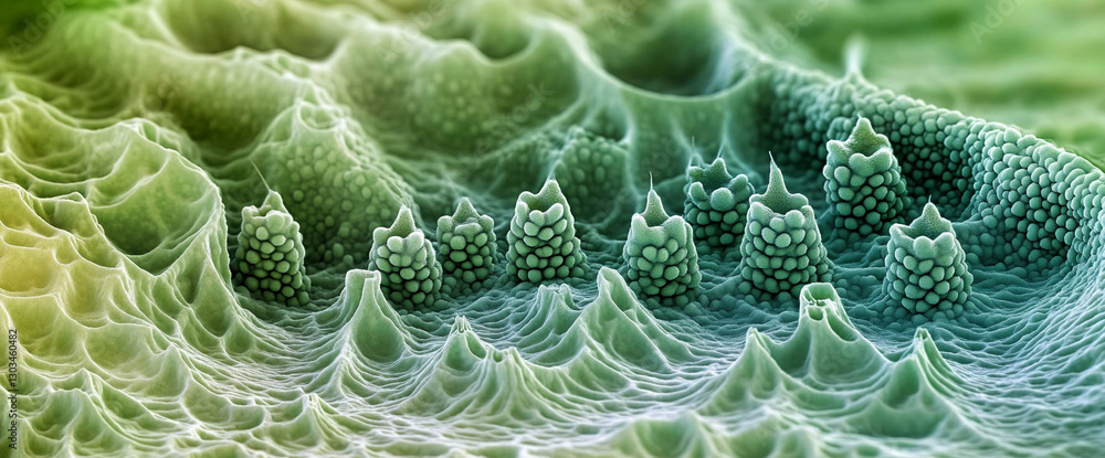 Poster close-up microscopic view of green plant cells with intricate textures and shapes, showcasing the co