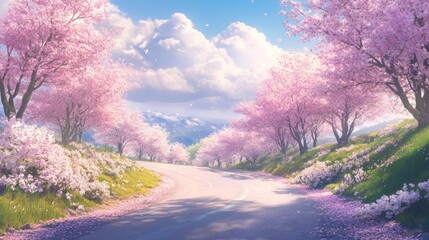 Spring Road Winding Through Cherry Blossom Trees