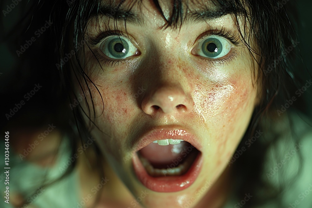 Poster a person's face with an expression of surprise, suitable for use in illustrations about shock or une