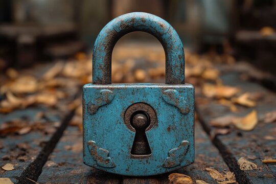 A small blue padlock sitting on a wooden floor, can be used for decorative or illustration purposes
