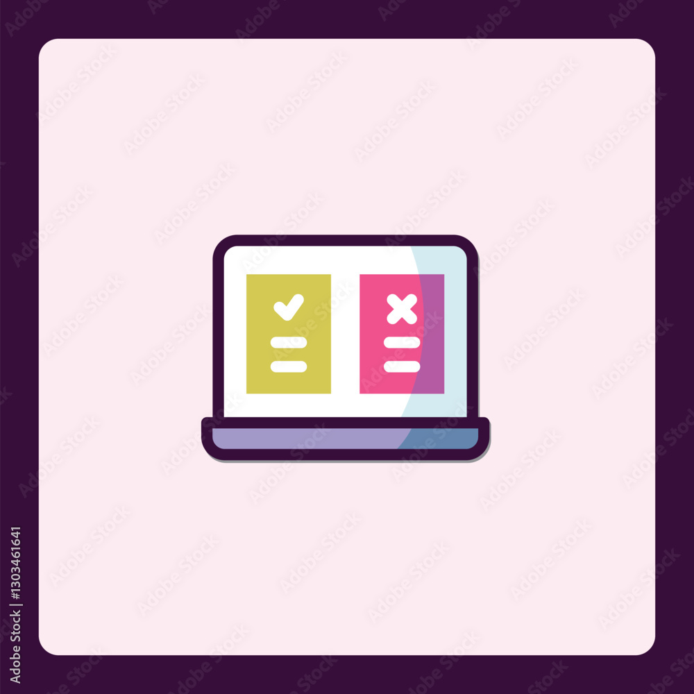Poster laptop screen displaying validation and rejection symbols in soft colors