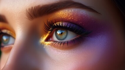 Ultra-Realistic Close-Up of a Beautiful Female Eye with Glamorous Gold and Purple Eyeshadow, Long Lashes, and Stunning Light Reflections – High-Resolution Beauty Photography with Cinematic Lighting