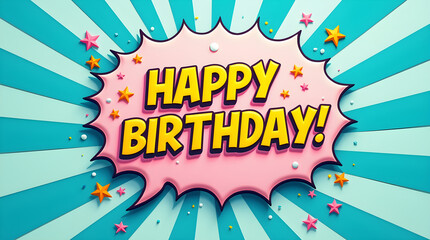 Cartoon Pop Art Comic Happy Birthday Speech Bubble Stars Burst Background Design Graphic